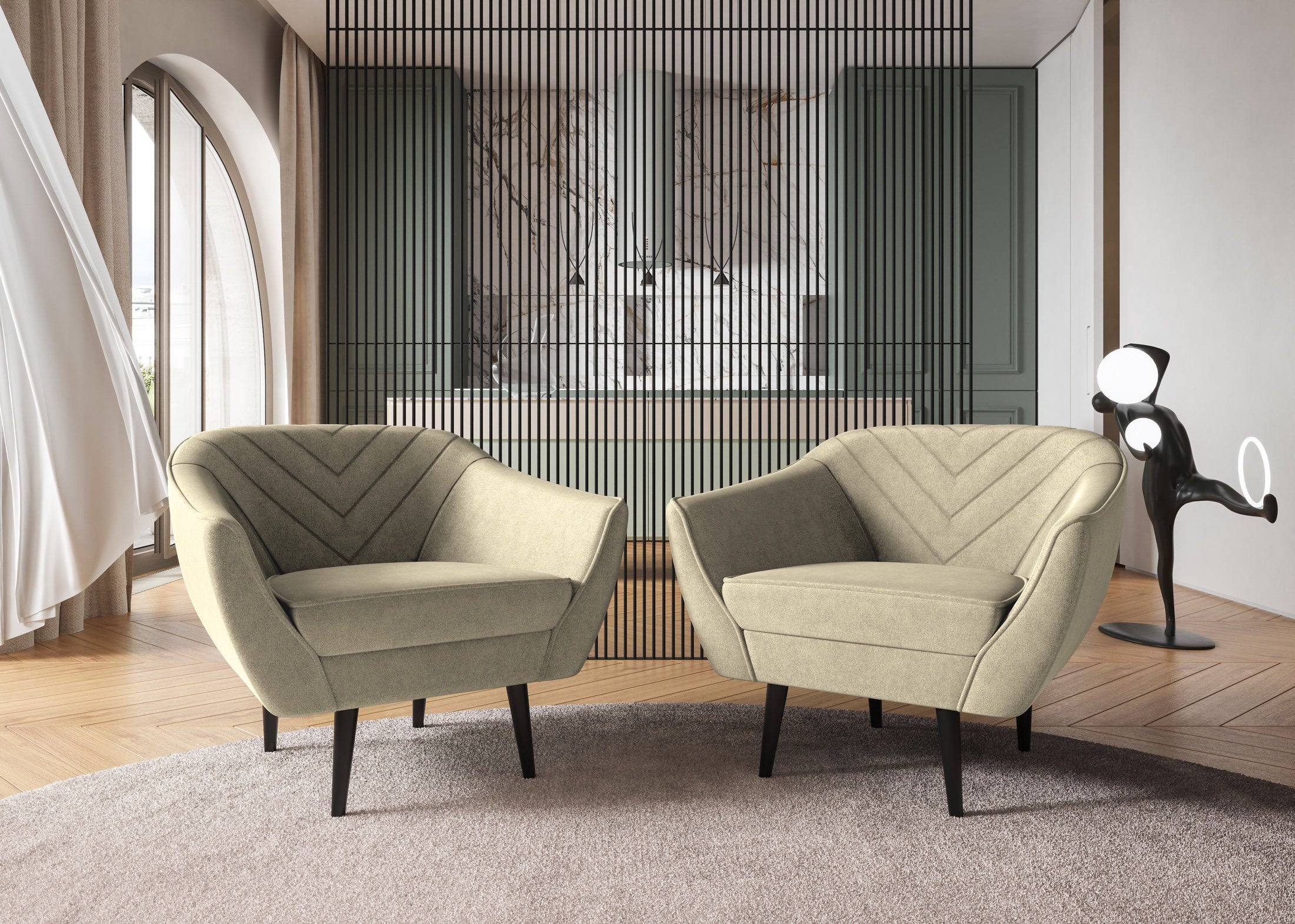 Sofka Fotel jednosobowy Avenia - na wysokich drewnianych nogach tkanina Riviera Velvet