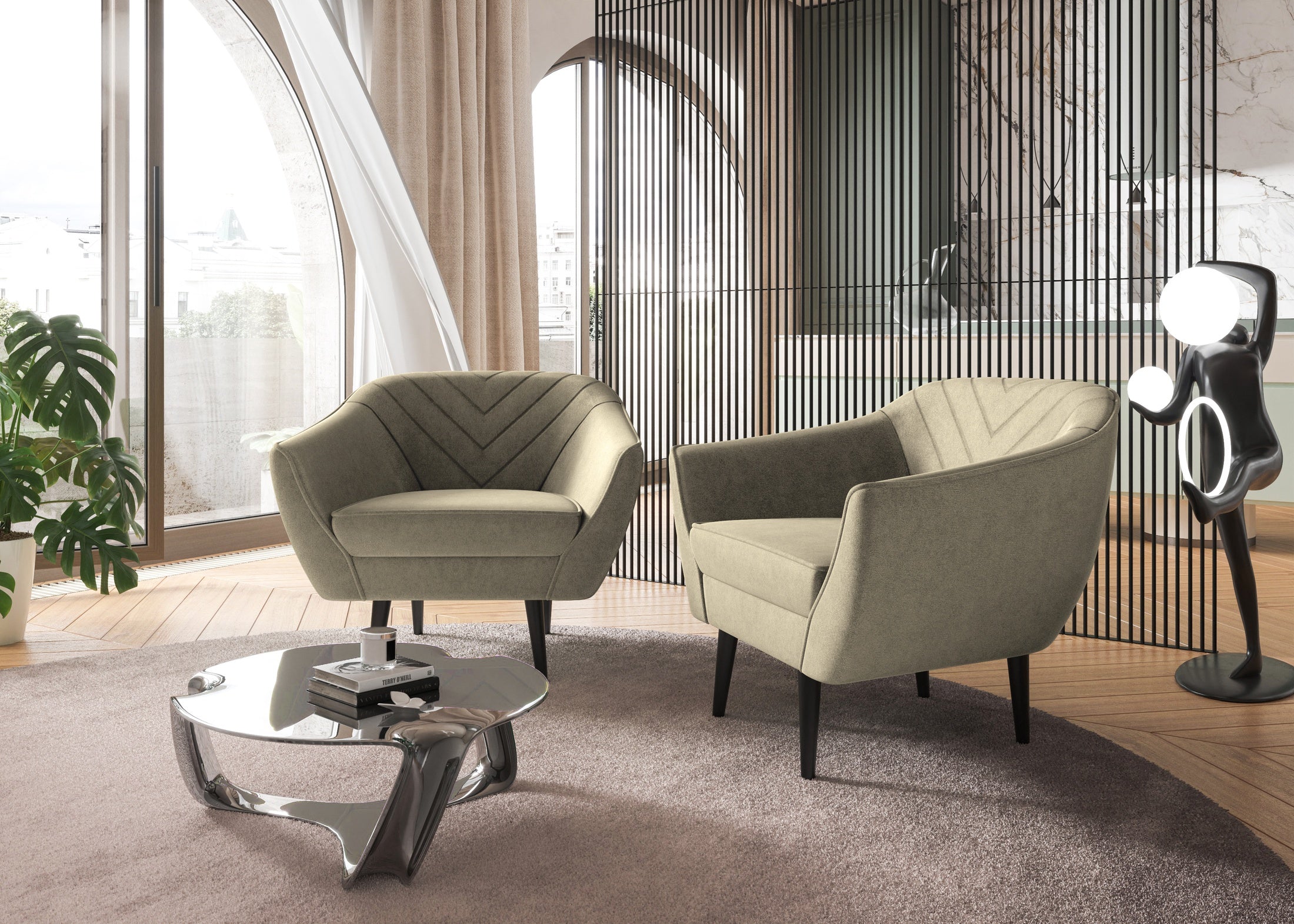 Sofka Fotel jednosobowy Avenia - na wysokich drewnianych nogach tkanina Riviera Velvet