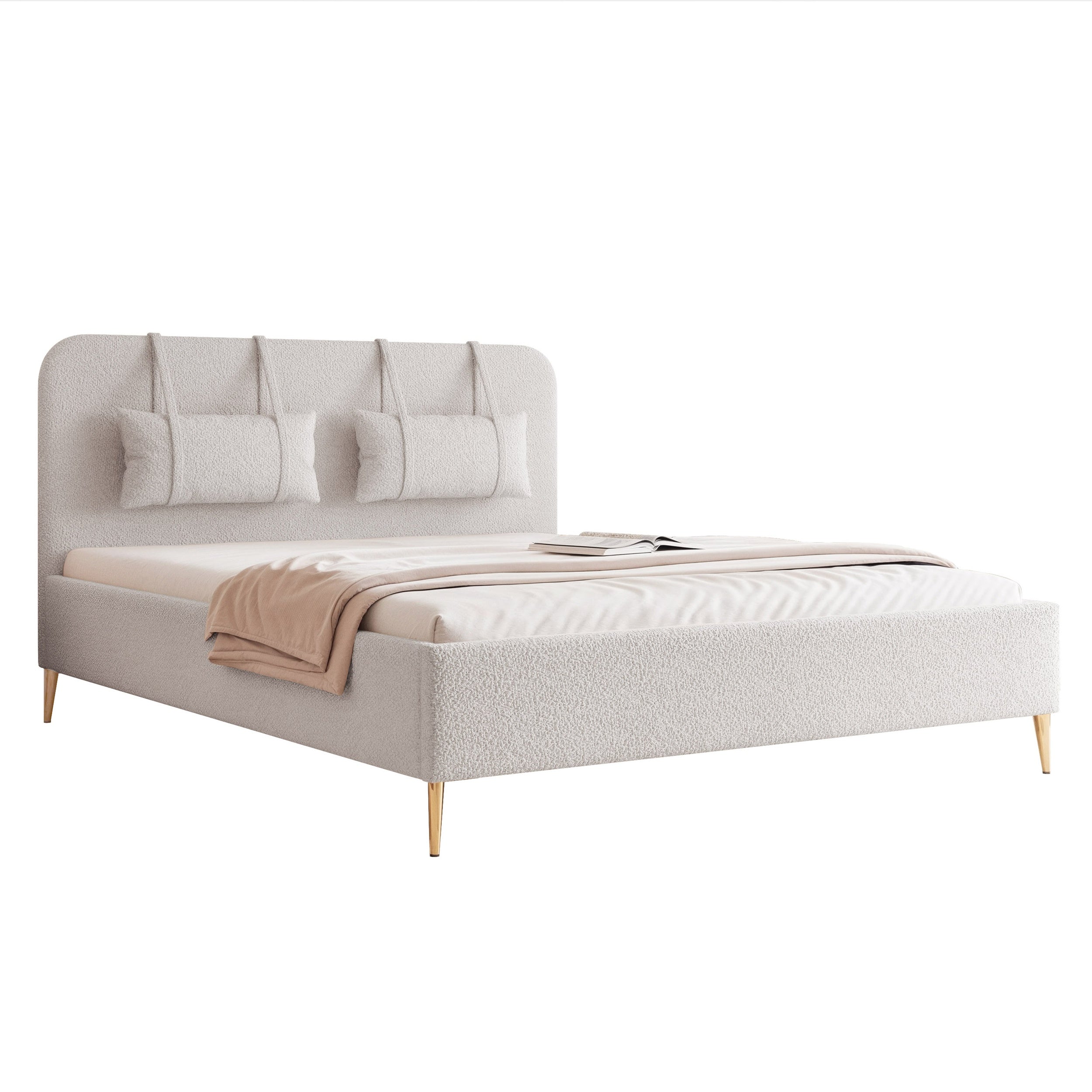 Modernes, gepolstertes Belano-Bett mit Kopfkissen und goldenen Beinen