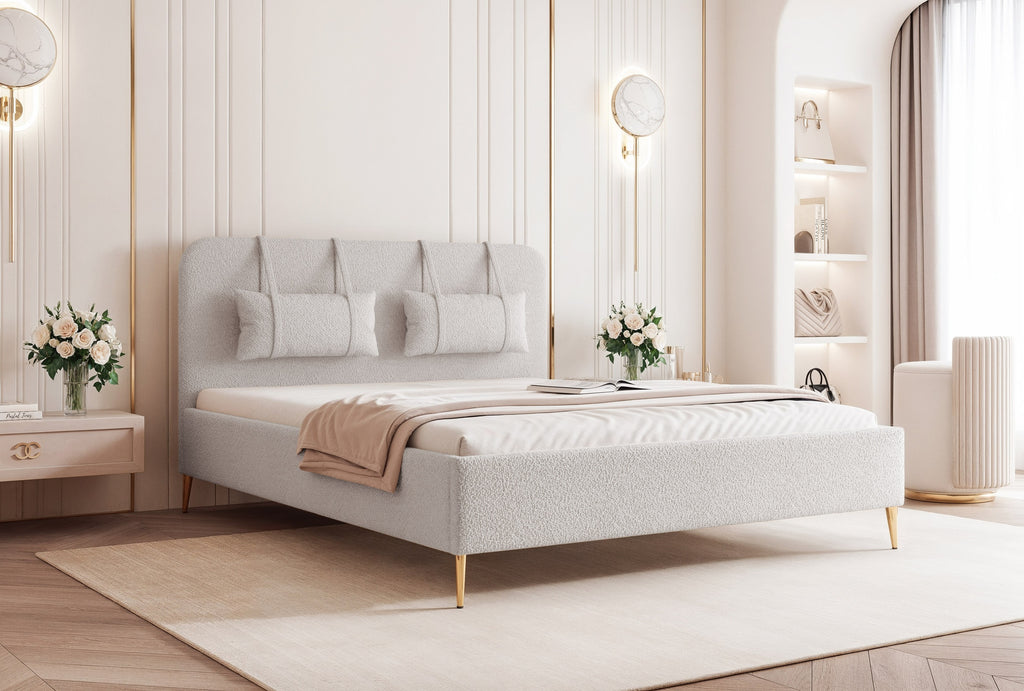 Modernes, gepolstertes Belano-Bett mit Kopfkissen und goldenen Beinen