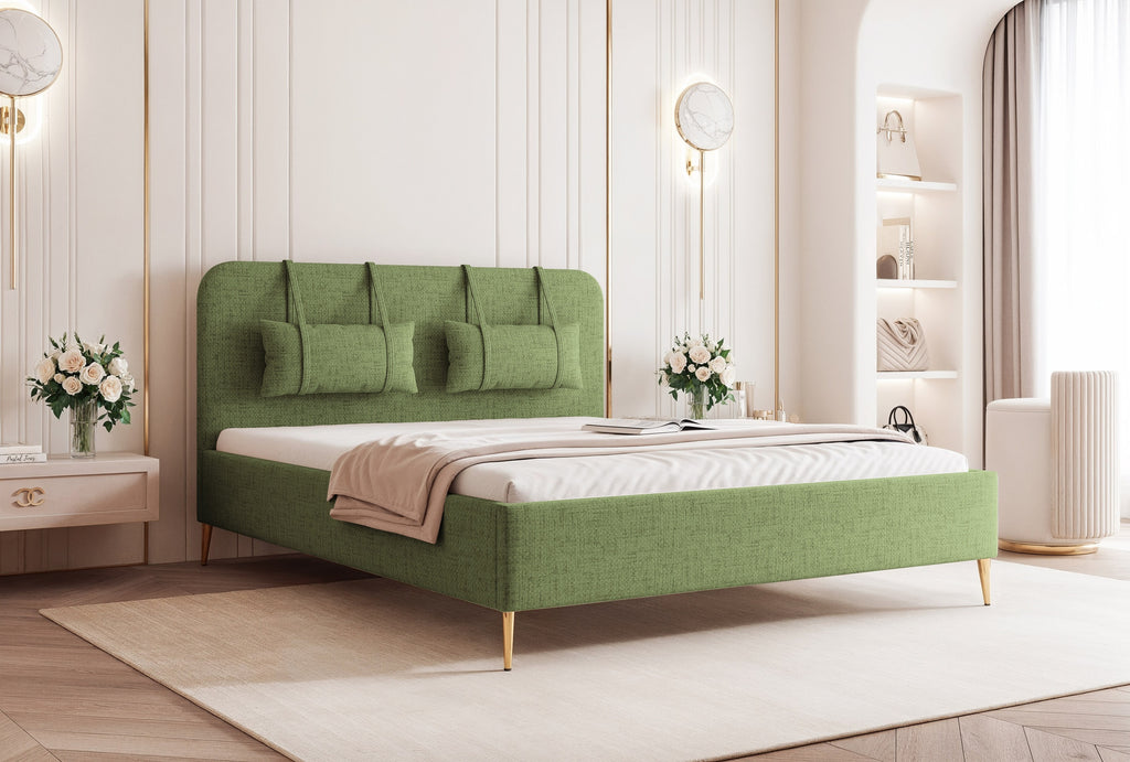 Modernes, gepolstertes Belano-Bett mit Kopfkissen und goldenen Beinen