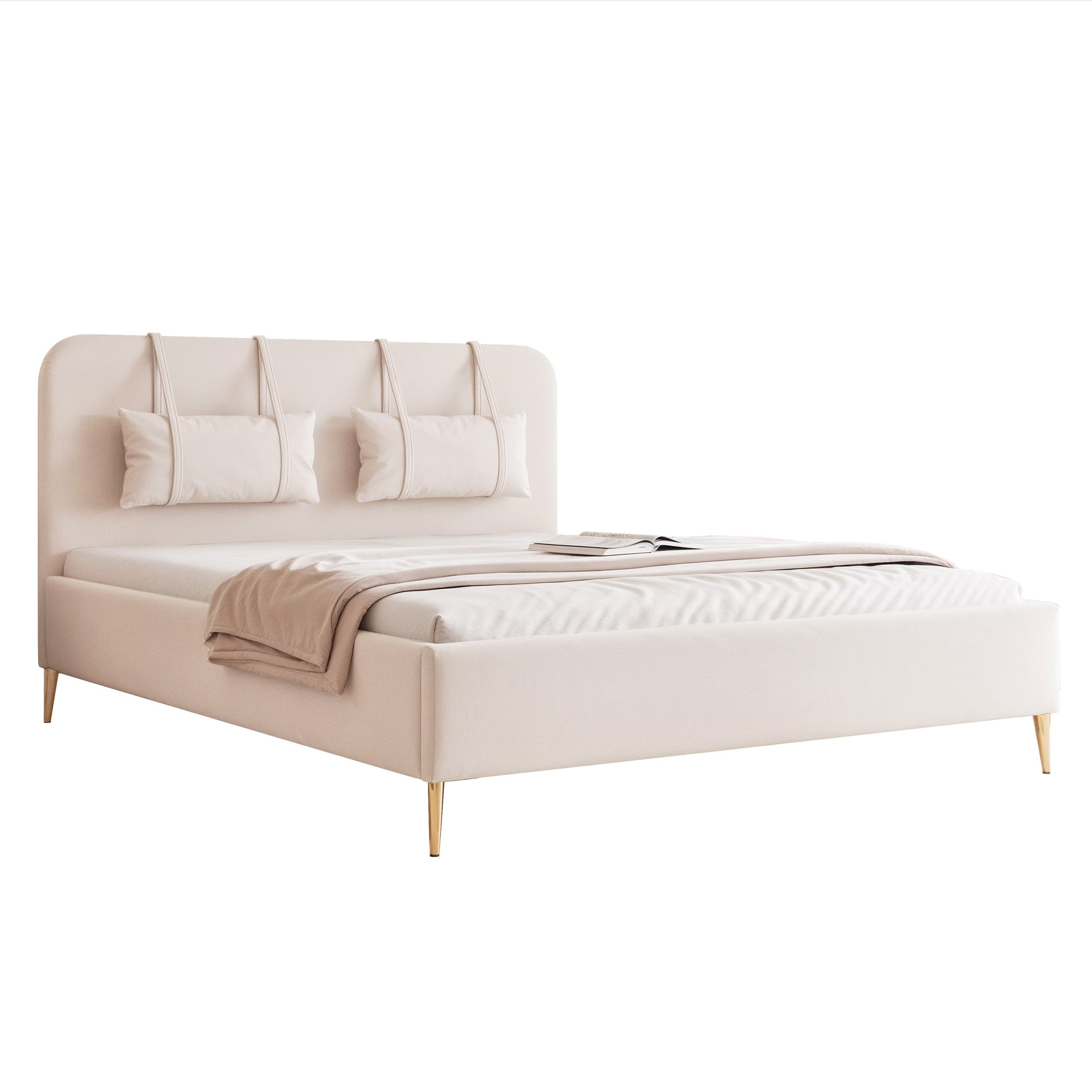 Modernes, gepolstertes Belano-Bett mit Kopfkissen und goldenen Beinen
