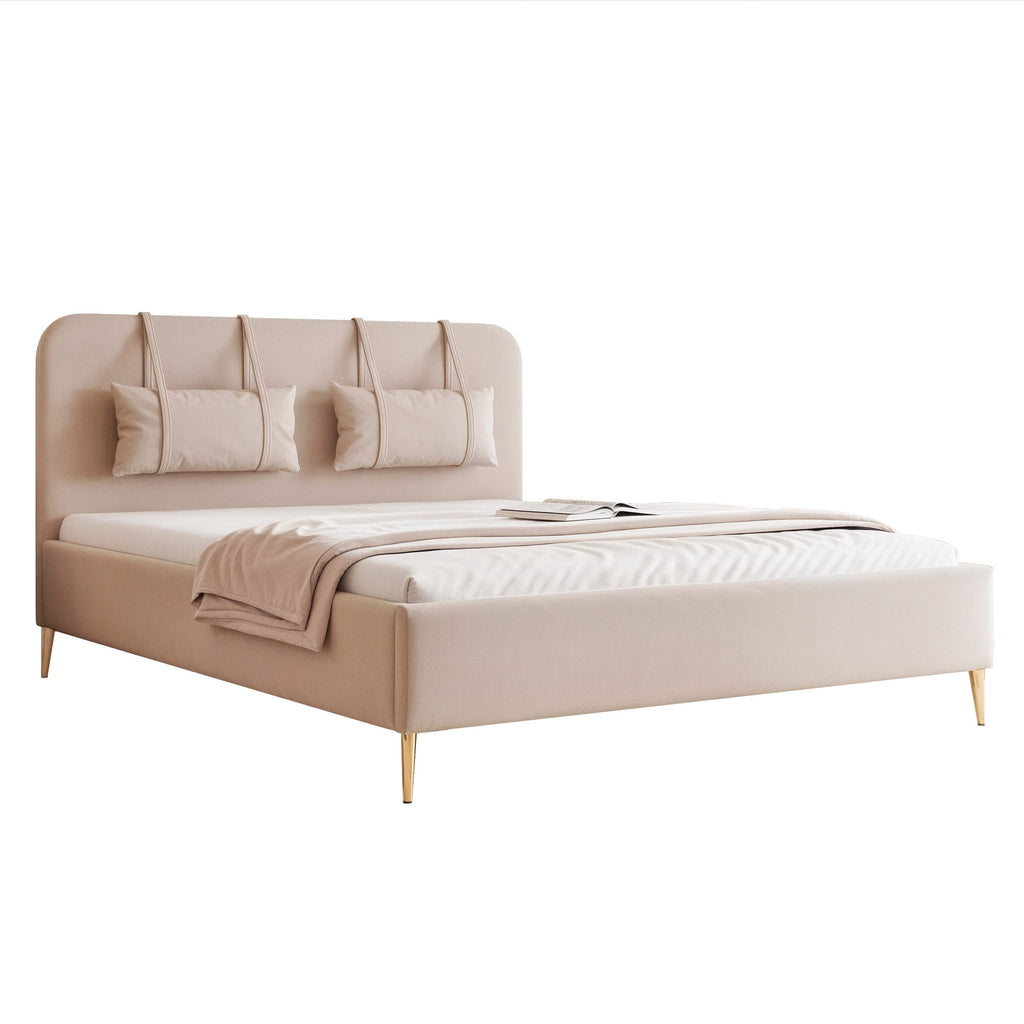 Modernes, gepolstertes Belano-Bett mit Kopfkissen und goldenen Beinen