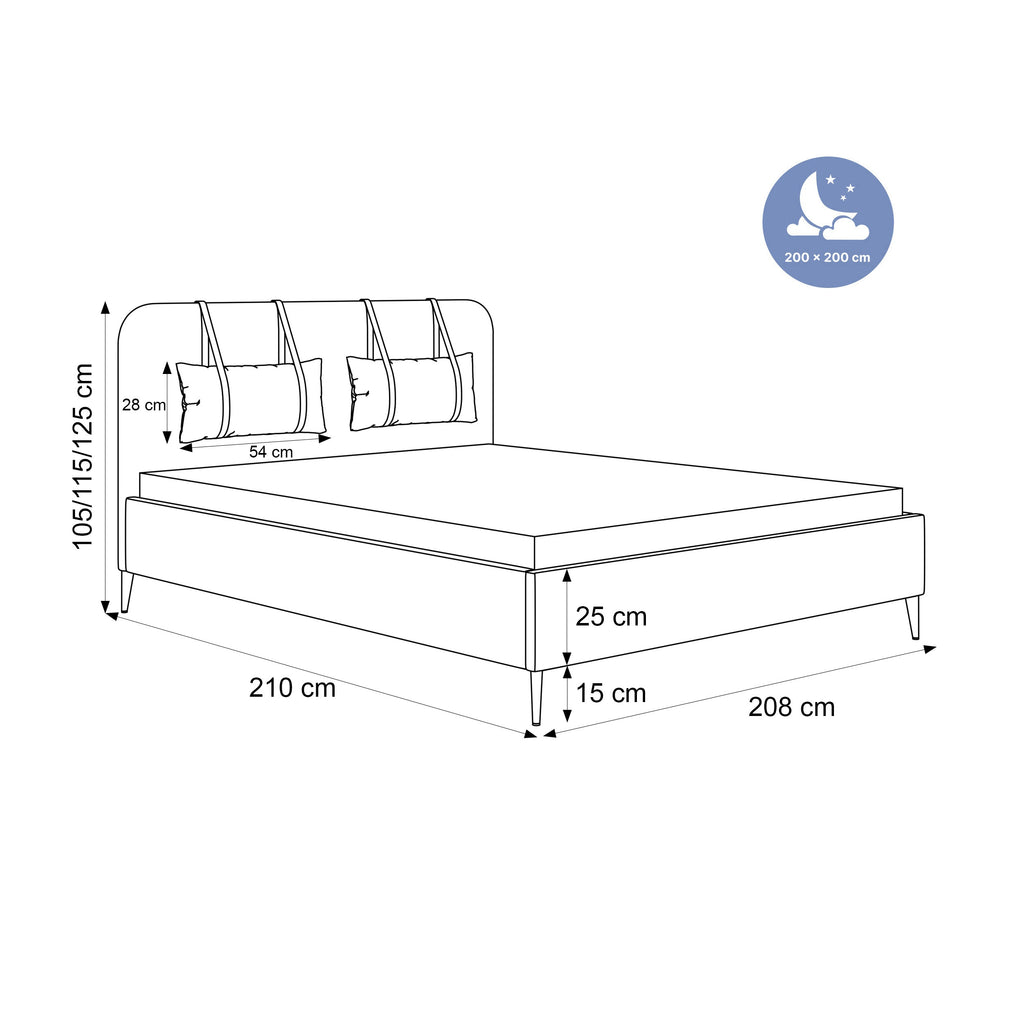 Modernes, gepolstertes Belano-Bett mit Kopfkissen und goldenen Beinen