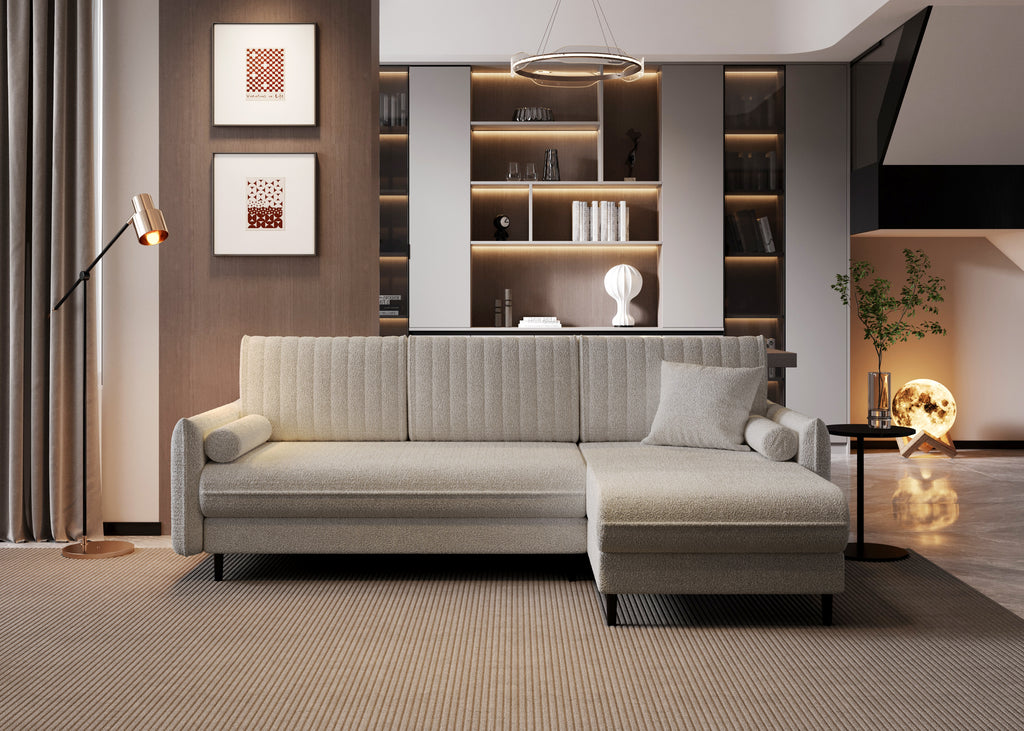 Ecksofa Bolivio L-Form - mit Schlaffunktion und Bettkasten, Bezug aus Bouclé-Stoff.