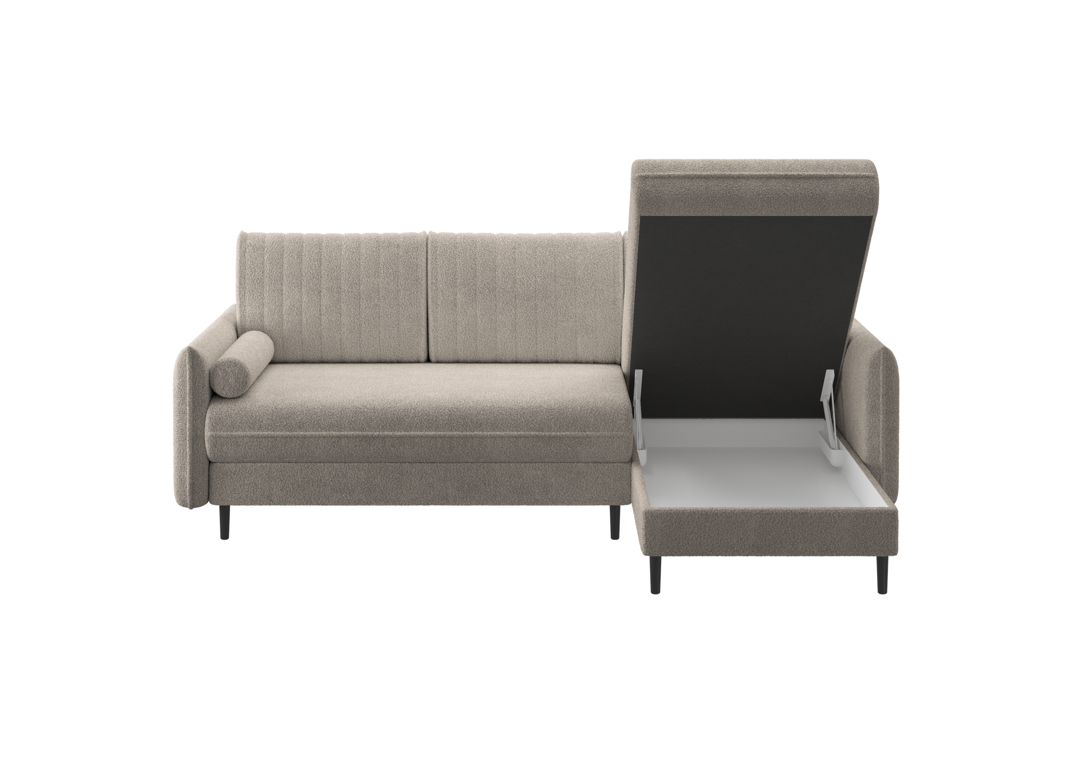 Ecksofa Bolivio L-Form - mit Schlaffunktion und Bettkasten, Bezug aus Bouclé-Stoff.