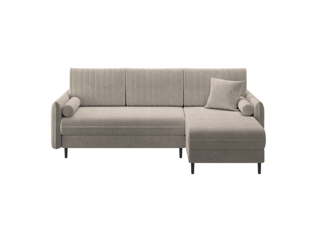 Ecksofa Bolivio L-Form - mit Schlaffunktion und Bettkasten, Bezug aus Bouclé-Stoff.