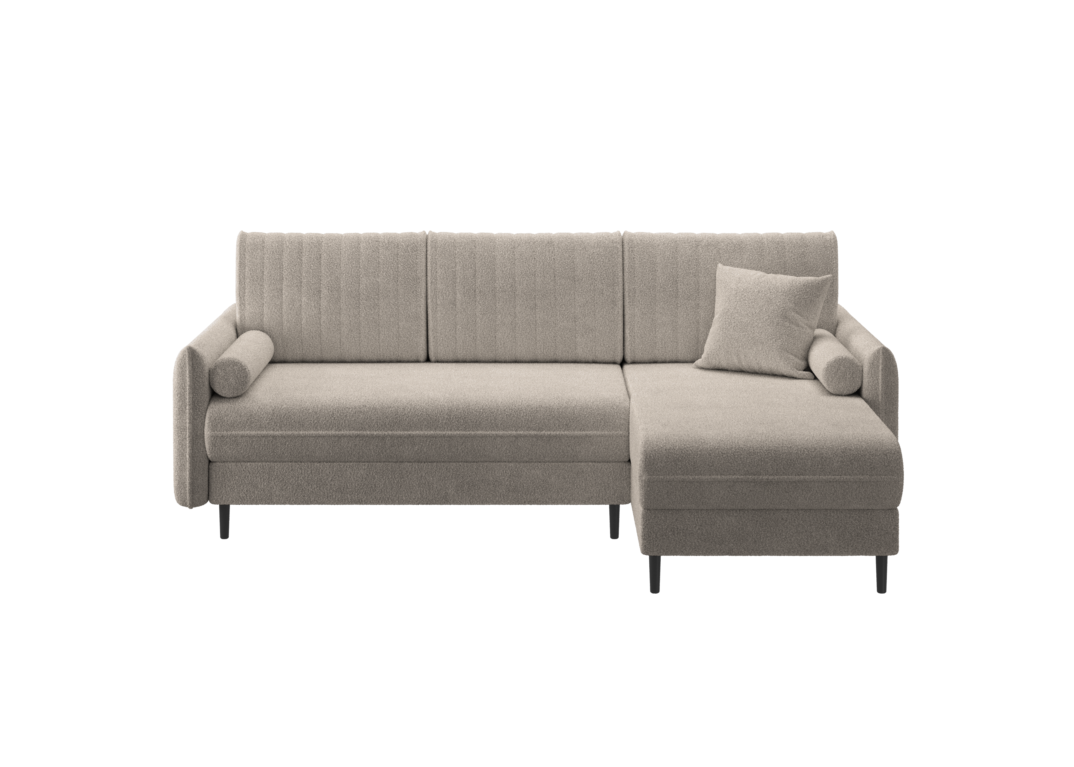 Ecksofa Bolivio L-Form - mit Schlaffunktion und Bettkasten, Bezug aus Bouclé-Stoff.