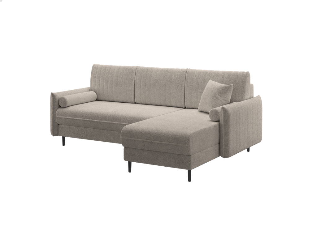 Ecksofa Bolivio L-Form - mit Schlaffunktion und Bettkasten, Bezug aus Bouclé-Stoff.