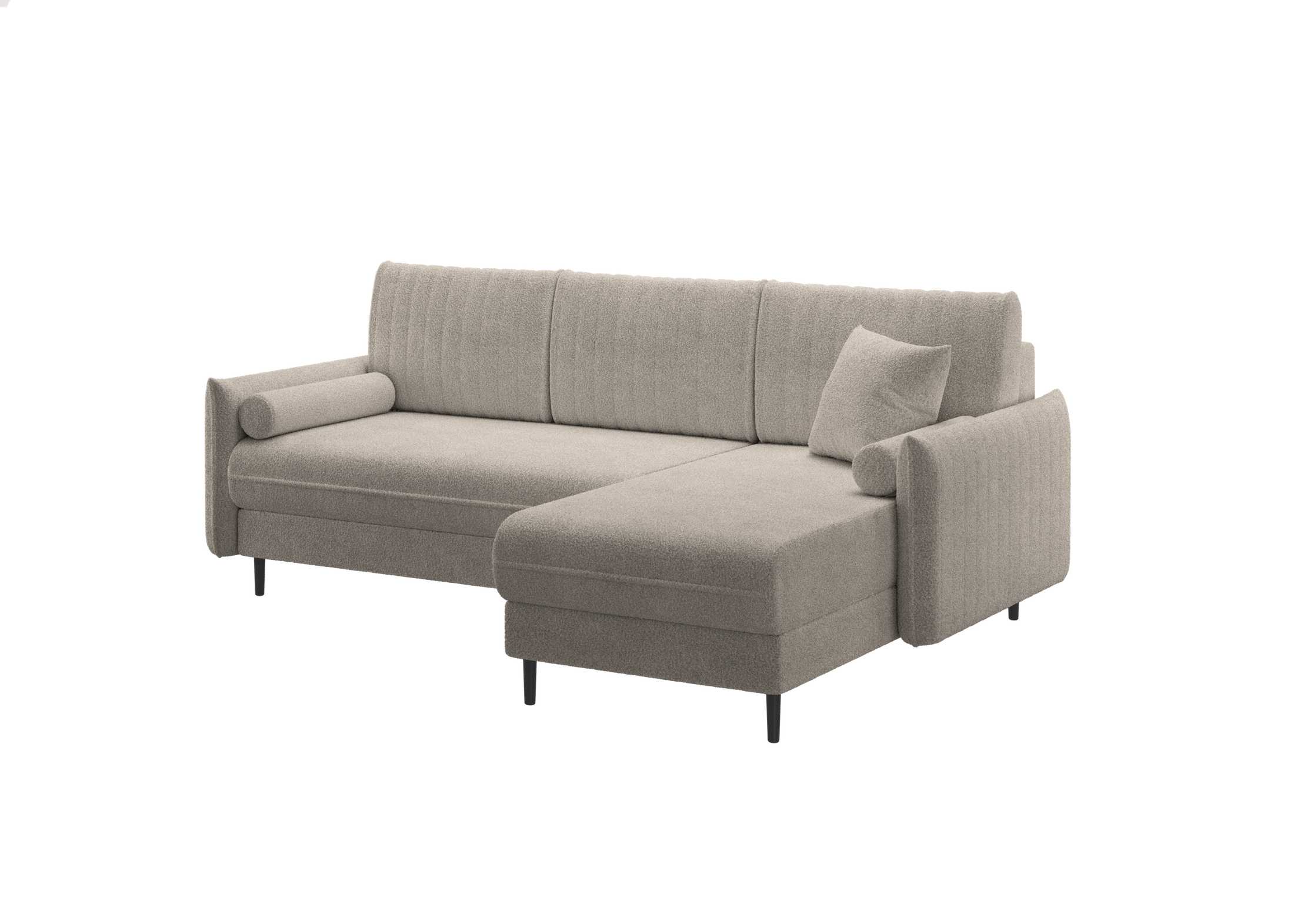 Ecksofa Bolivio L-Form - mit Schlaffunktion und Bettkasten, Bezug aus Bouclé-Stoff.