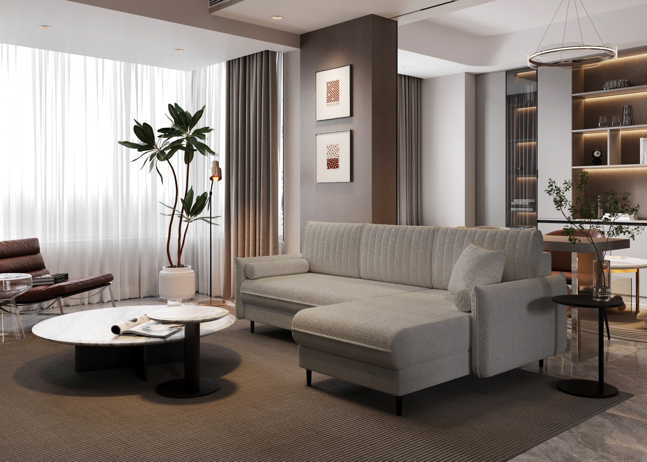 Ecksofa Bolivio L-Form - mit Schlaffunktion und Bettkasten, Bezug aus Bouclé-Stoff.