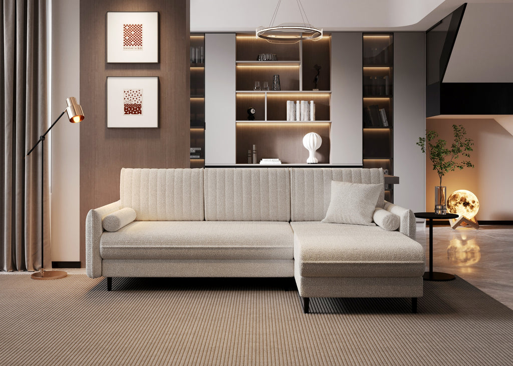 Ecksofa Bolivio L-Form - mit Schlaffunktion und Bettkasten, Bezug aus Bouclé-Stoff.