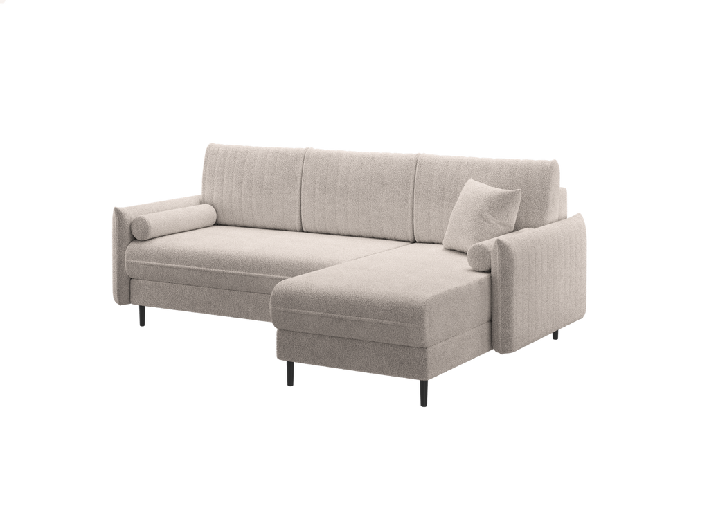 Ecksofa Bolivio L-Form - mit Schlaffunktion und Bettkasten, Bezug aus Bouclé-Stoff.