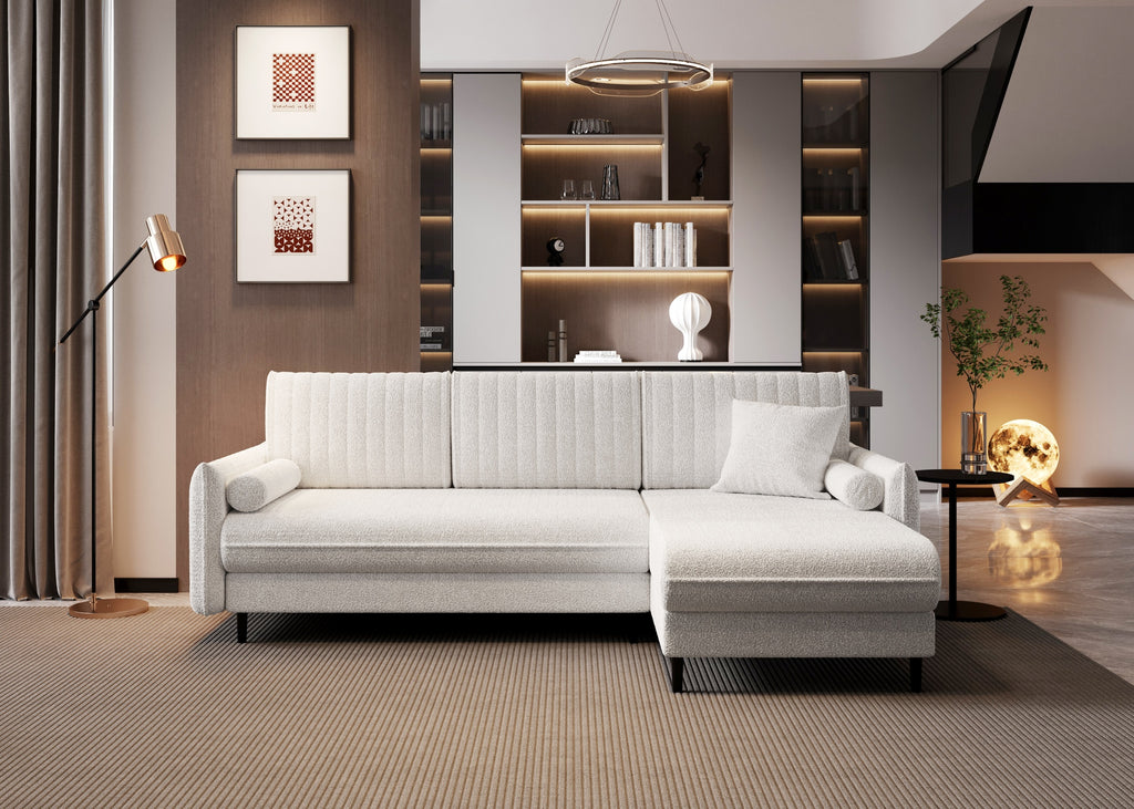 Ecksofa Bolivio L-Form - mit Schlaffunktion und Bettkasten, Bezug aus Bouclé-Stoff.