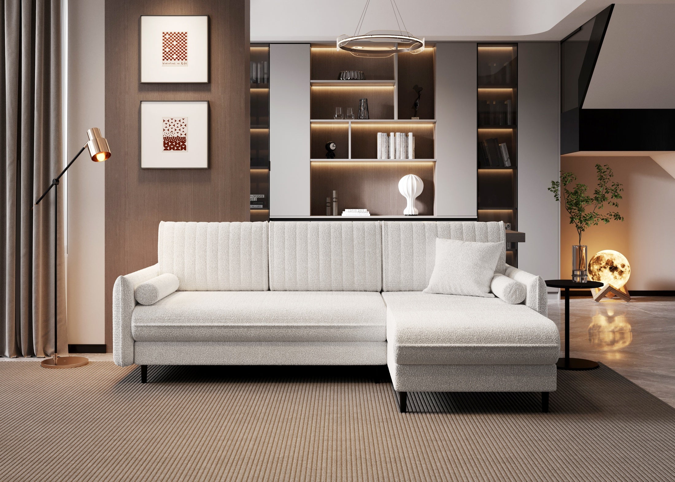 Narożnik Bolivio L kształtny - z funkcją spania pojemnikiem na pościel w tkaninie boucle