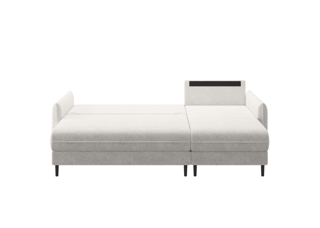 Ecksofa Bolivio L-Form - mit Schlaffunktion und Bettkasten, Bezug aus Bouclé-Stoff.