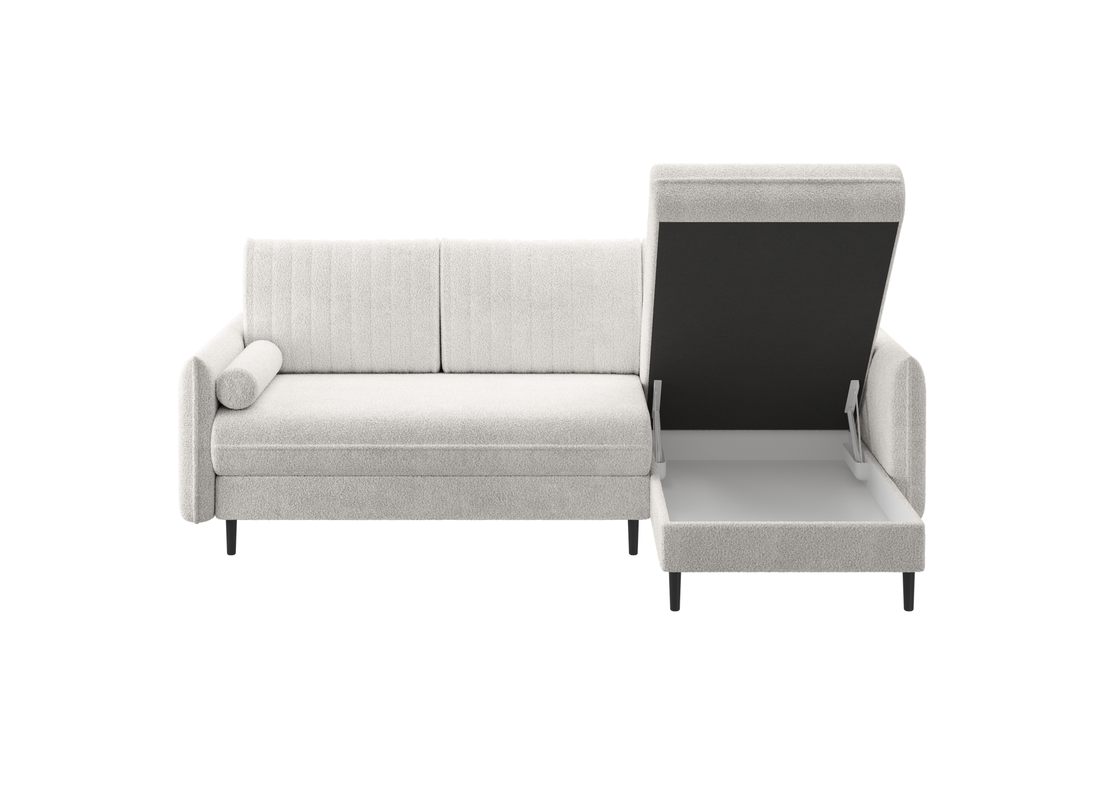 Ecksofa Bolivio L-Form - mit Schlaffunktion und Bettkasten, Bezug aus Bouclé-Stoff.