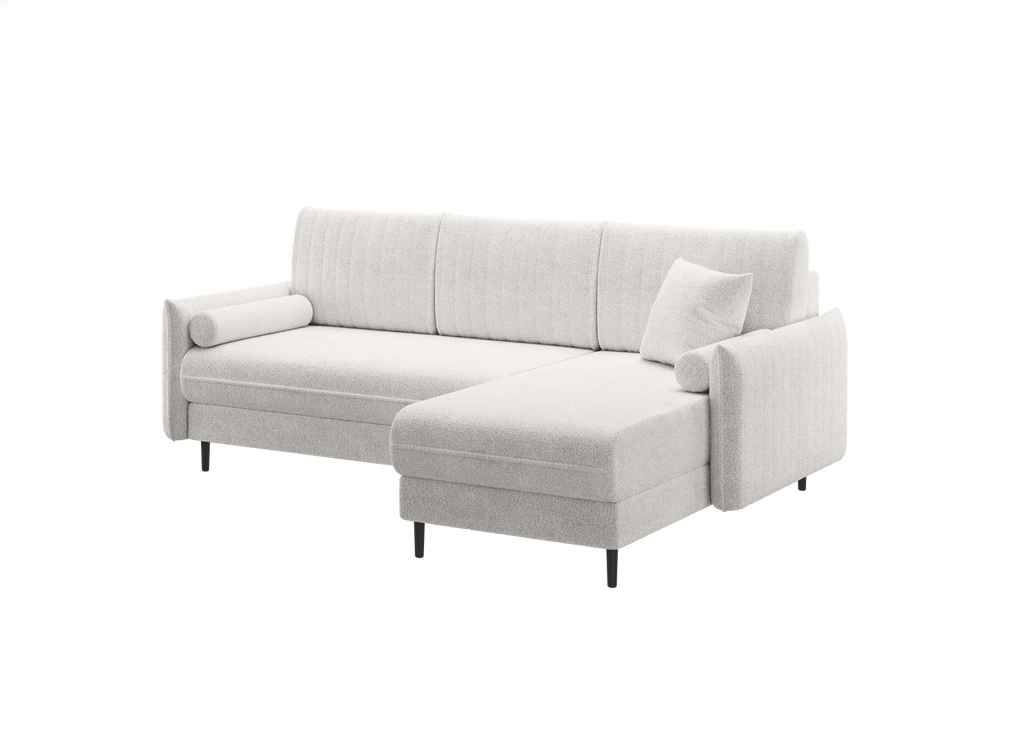 Ecksofa Bolivio L-Form - mit Schlaffunktion und Bettkasten, Bezug aus Bouclé-Stoff.