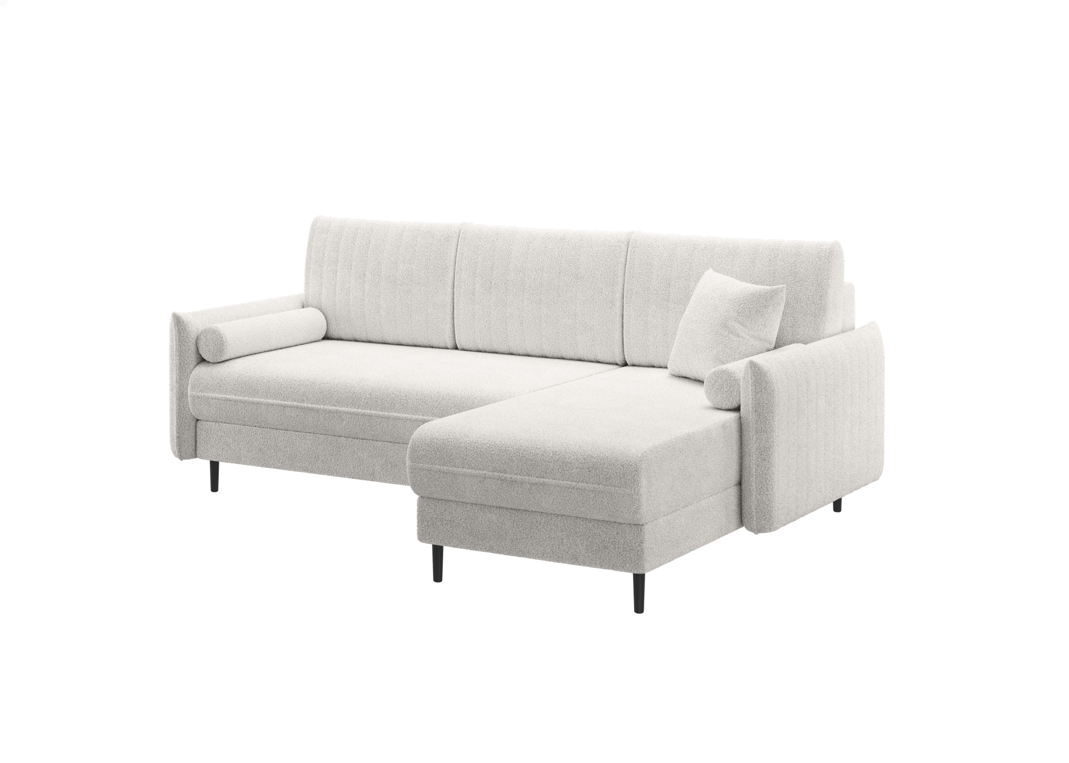 Ecksofa Bolivio L-Form - mit Schlaffunktion und Bettkasten, Bezug aus Bouclé-Stoff.