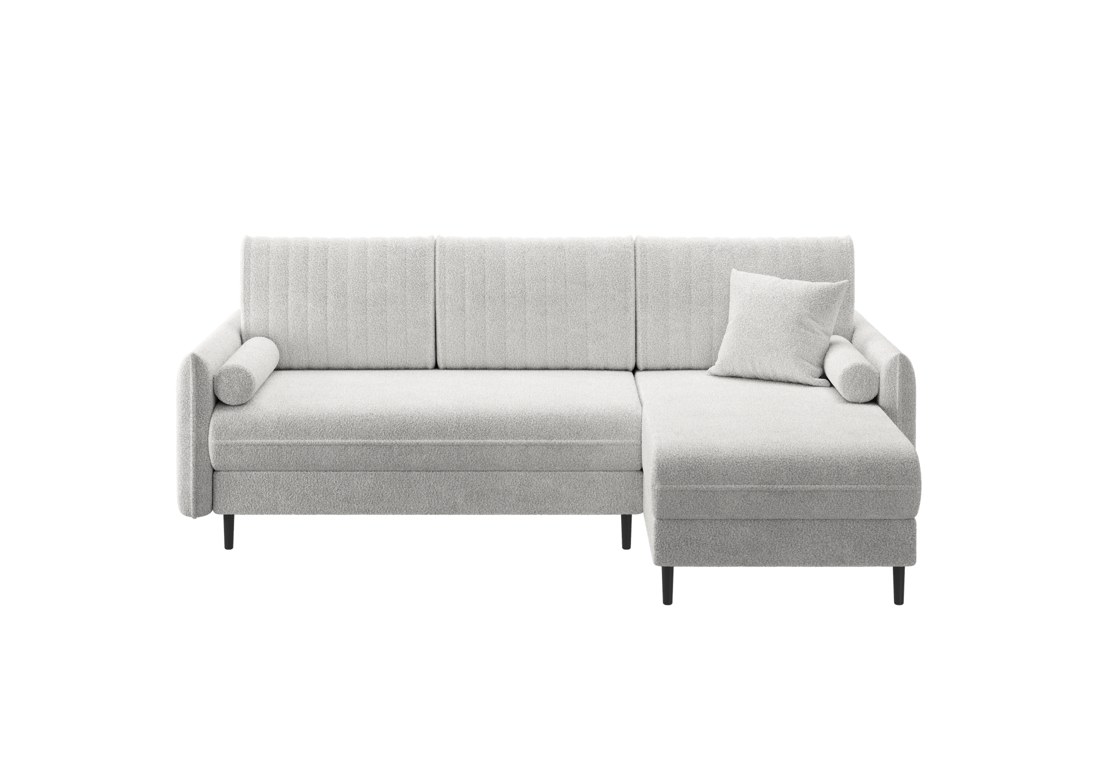 Ecksofa Bolivio L-Form - mit Schlaffunktion und Bettkasten, Bezug aus Bouclé-Stoff.