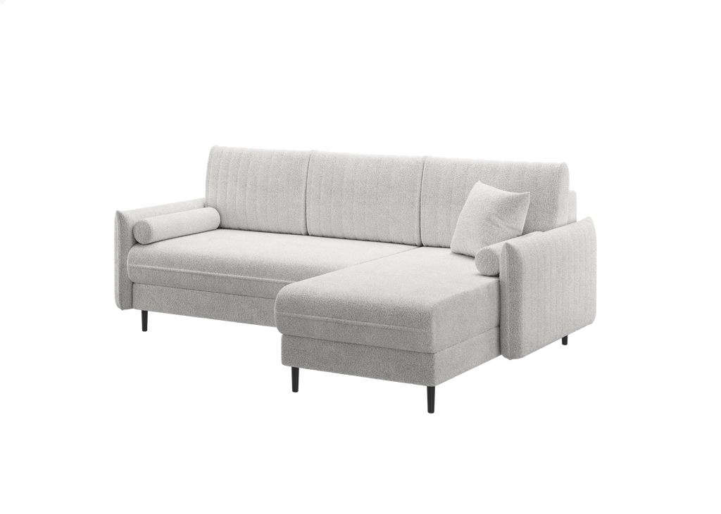 Ecksofa Bolivio L-Form - mit Schlaffunktion und Bettkasten, Bezug aus Bouclé-Stoff.