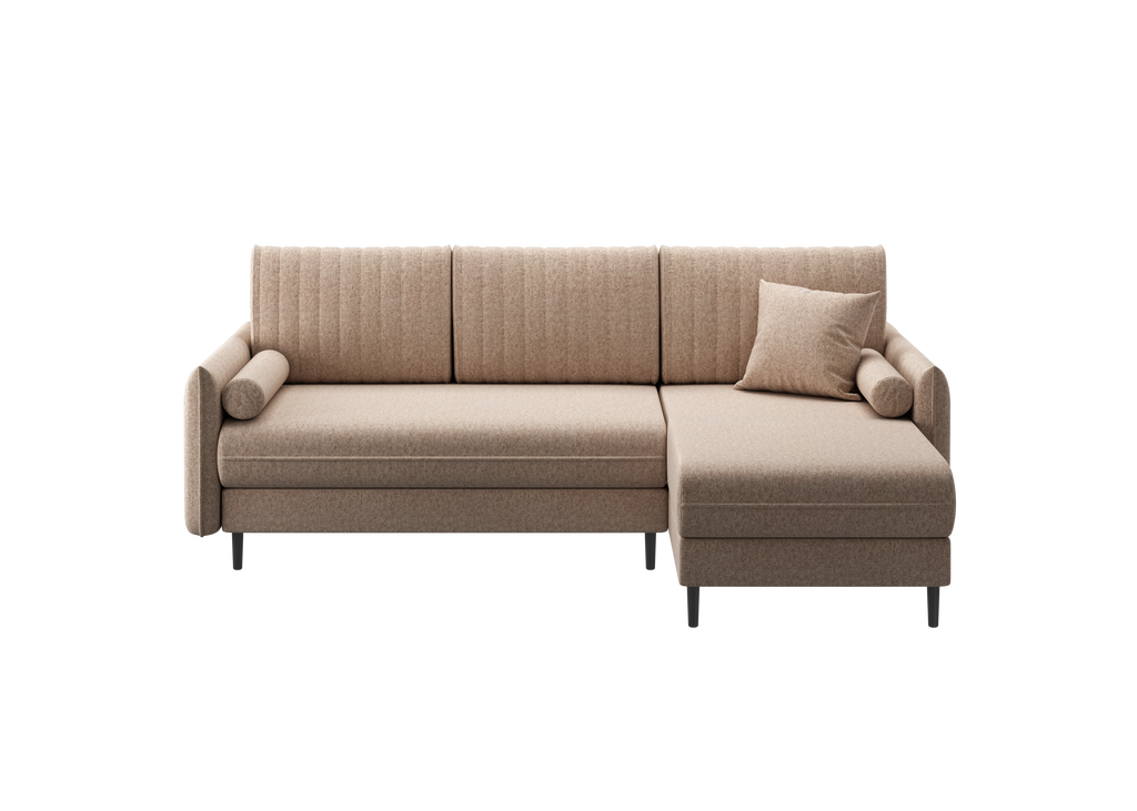 Ecksofa Bolivio L-Form - mit Schlaffunktion und Bettkasten, Bezug aus Bouclé-Stoff.