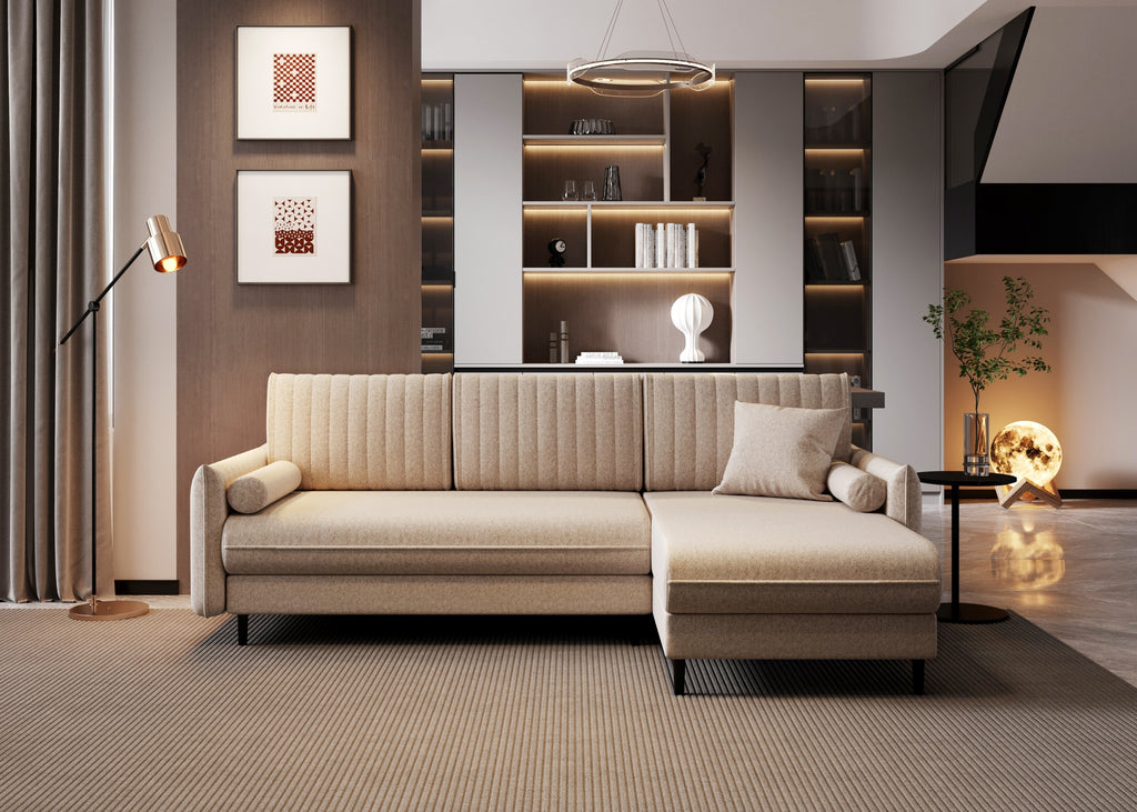 Ecksofa Bolivio L-Form - mit Schlaffunktion und Bettkasten, Bezug aus Bouclé-Stoff.