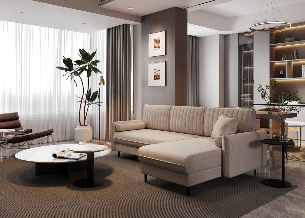 Ecksofa Bolivio L-Form - mit Schlaffunktion und Bettkasten, Bezug aus Bouclé-Stoff.