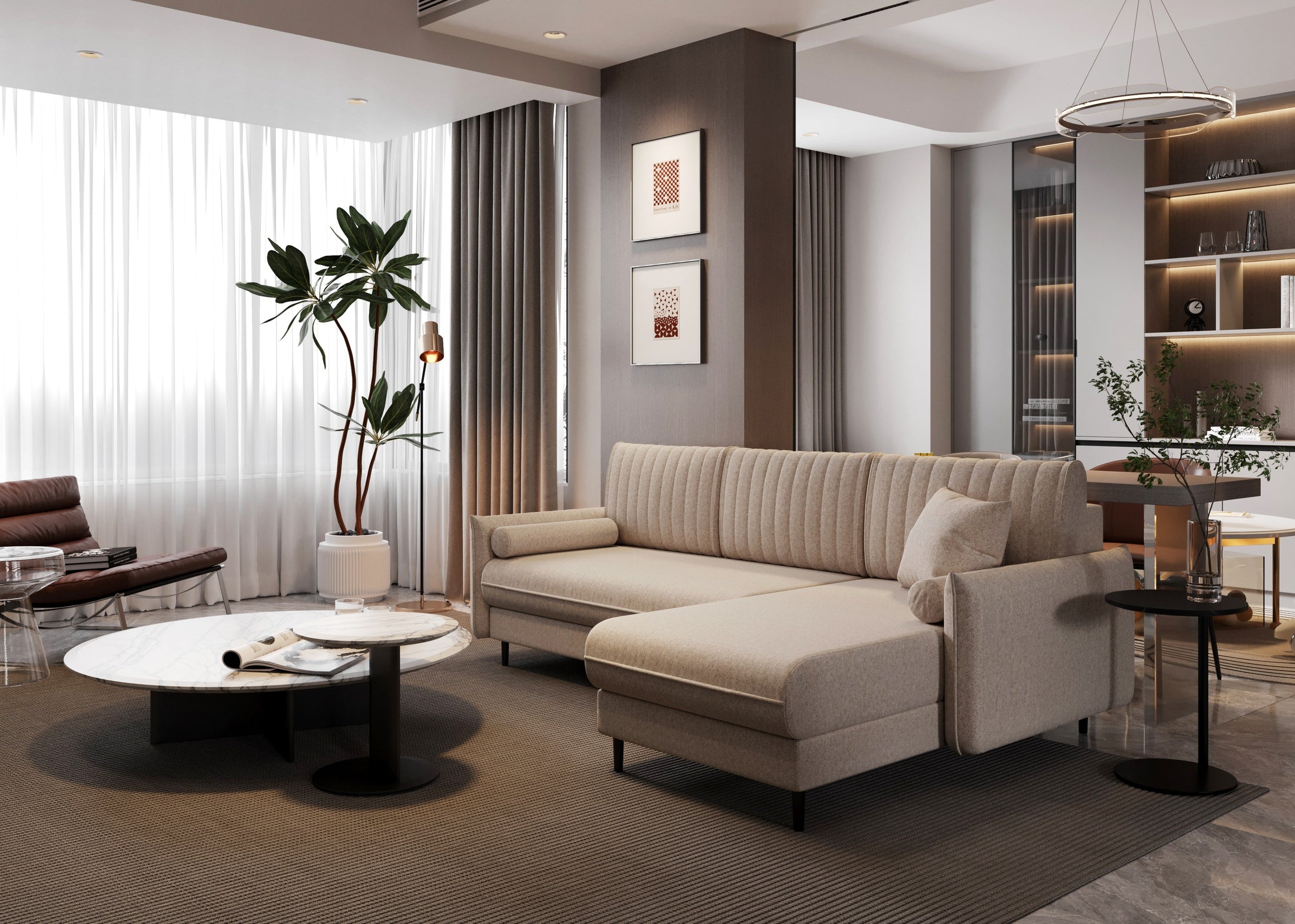 Ecksofa Bolivio L-Form - mit Schlaffunktion und Bettkasten, Bezug aus Bouclé-Stoff.