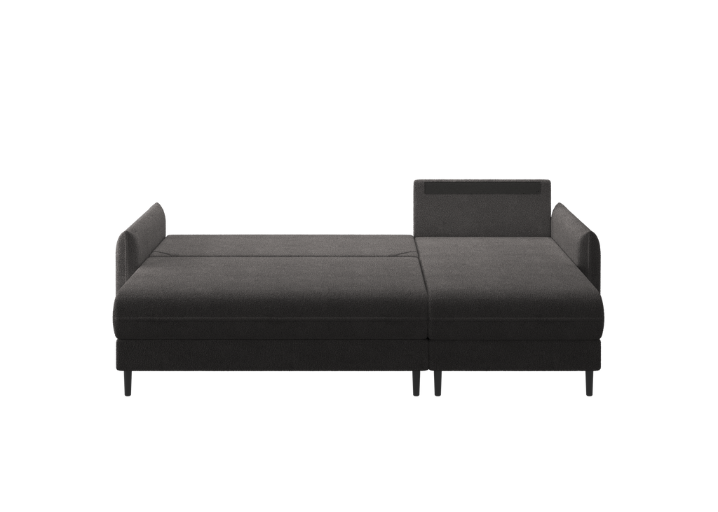 Ecksofa Bolivio L-Form - mit Schlaffunktion und Bettkasten, Bezug aus Bouclé-Stoff.