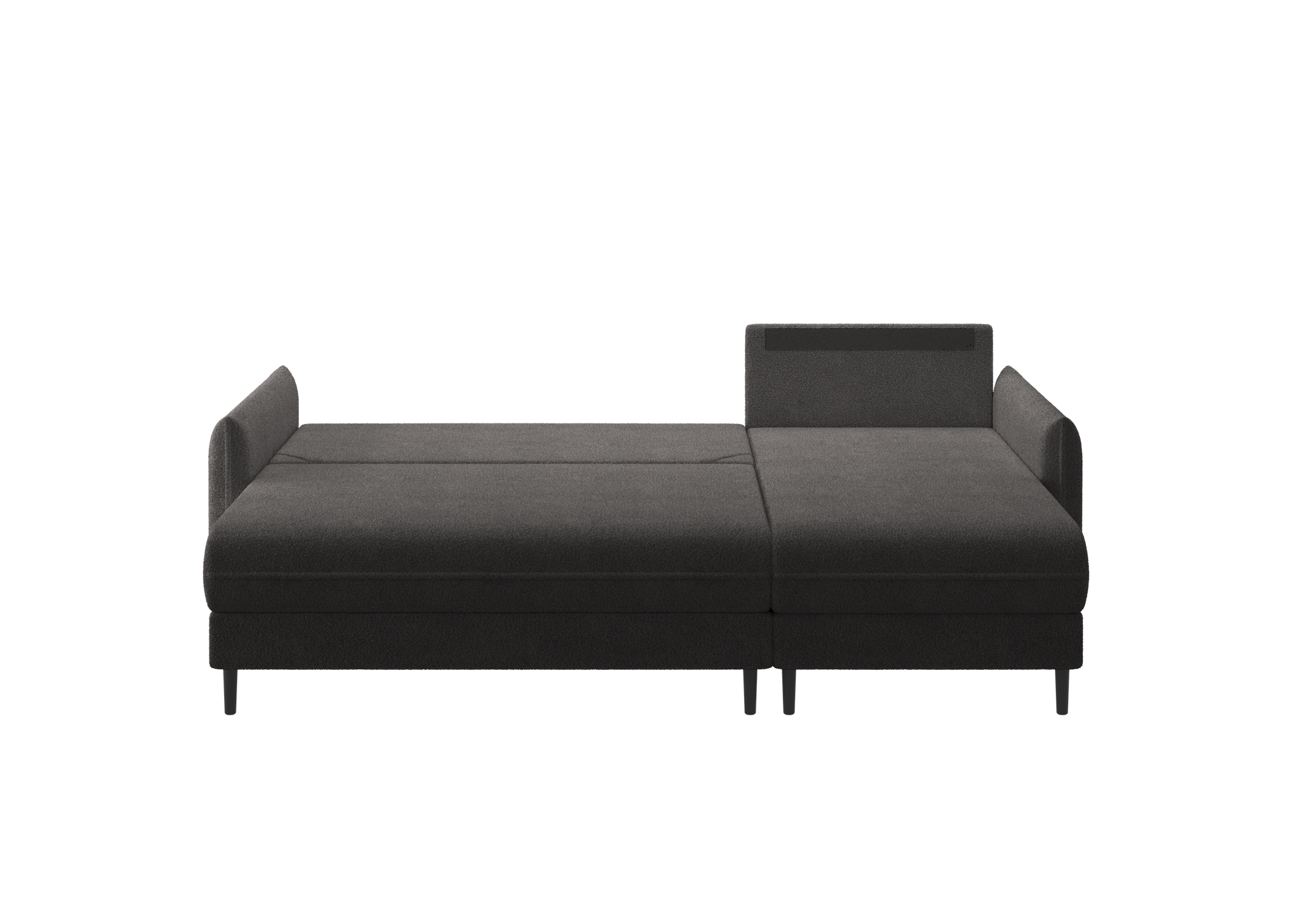 Ecksofa Bolivio L-Form - mit Schlaffunktion und Bettkasten, Bezug aus Bouclé-Stoff.