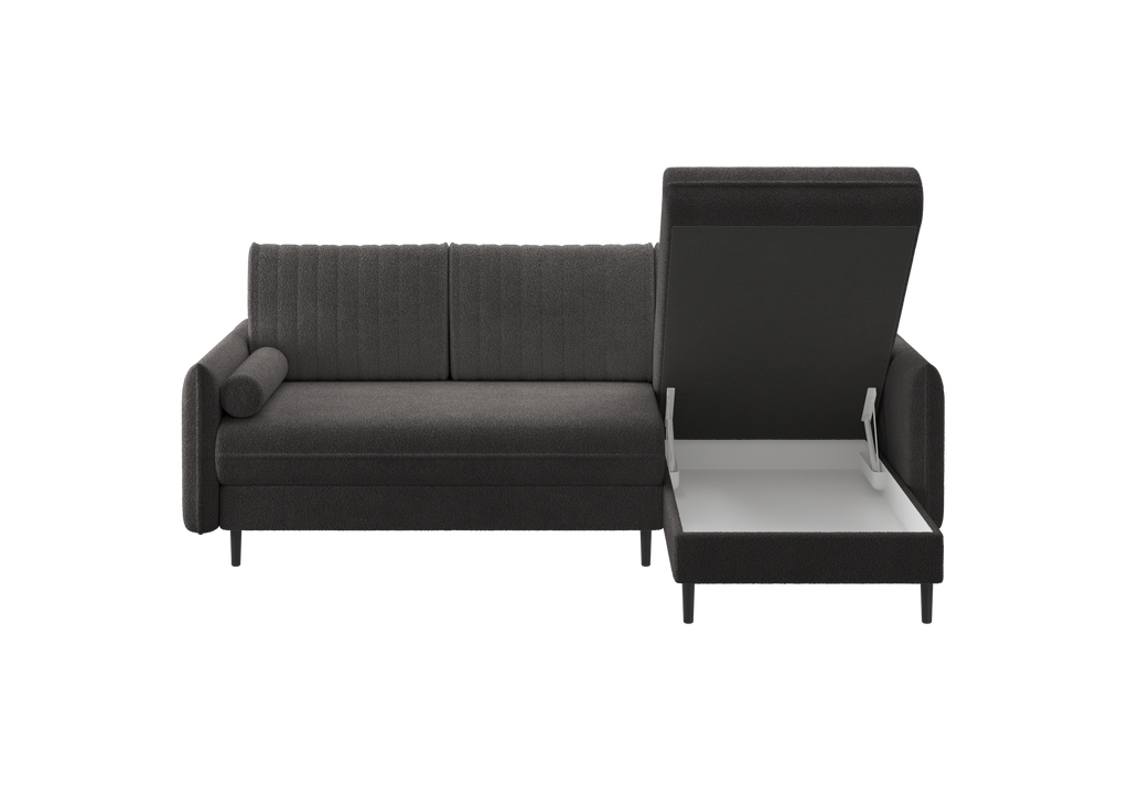 Ecksofa Bolivio L-Form - mit Schlaffunktion und Bettkasten, Bezug aus Bouclé-Stoff.