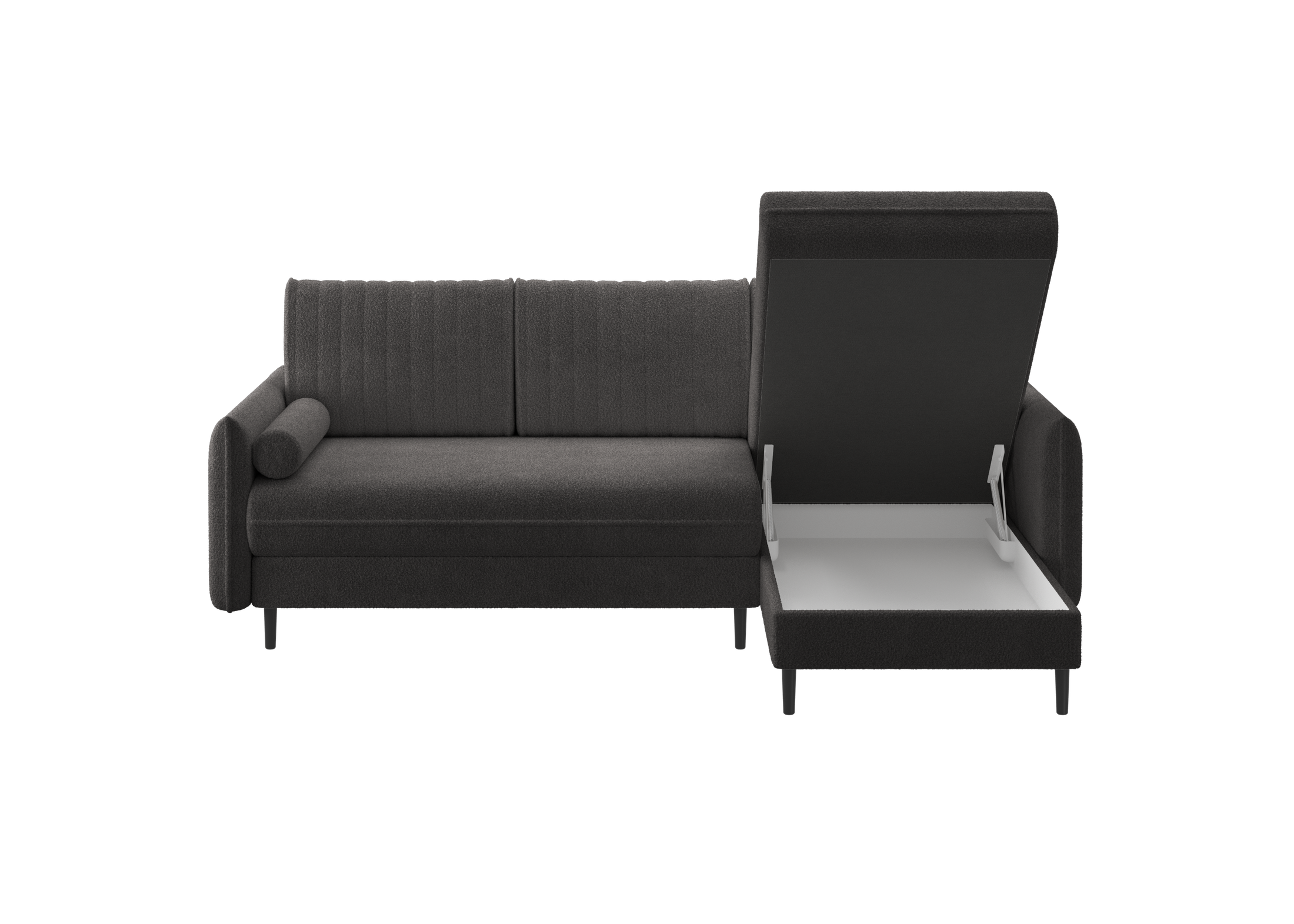 Ecksofa Bolivio L-Form - mit Schlaffunktion und Bettkasten, Bezug aus Bouclé-Stoff.