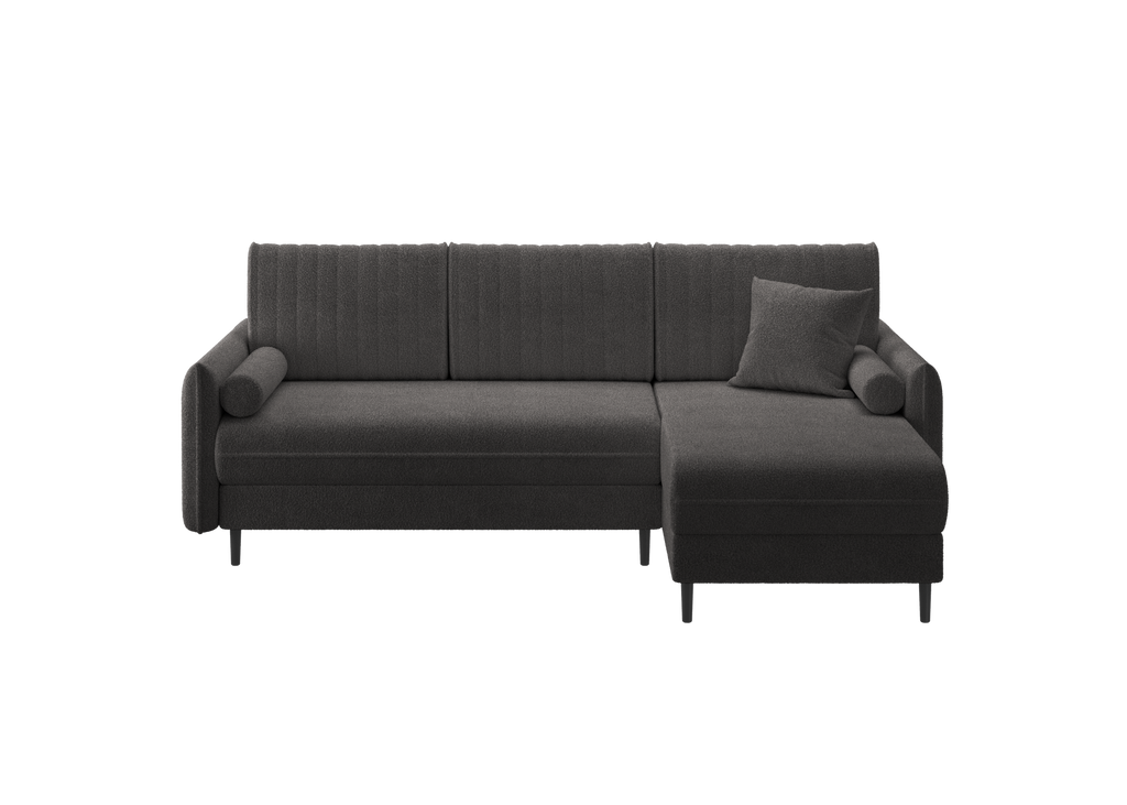 Ecksofa Bolivio L-Form - mit Schlaffunktion und Bettkasten, Bezug aus Bouclé-Stoff.