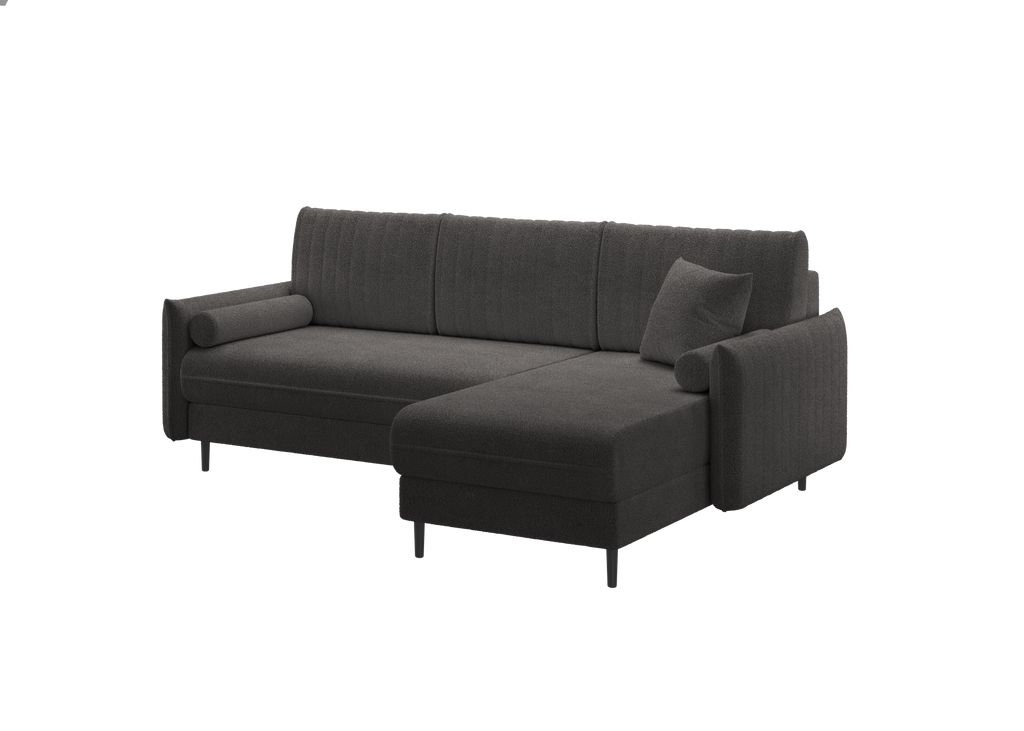 Ecksofa Bolivio L-Form - mit Schlaffunktion und Bettkasten, Bezug aus Bouclé-Stoff.