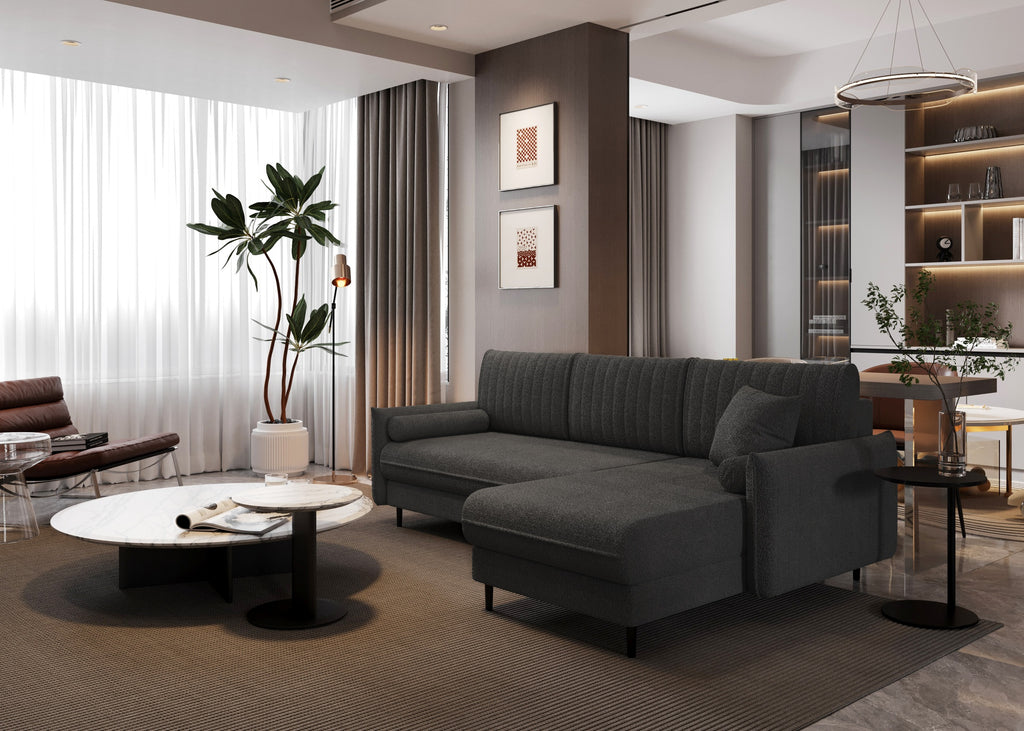 Ecksofa Bolivio L-Form - mit Schlaffunktion und Bettkasten, Bezug aus Bouclé-Stoff.