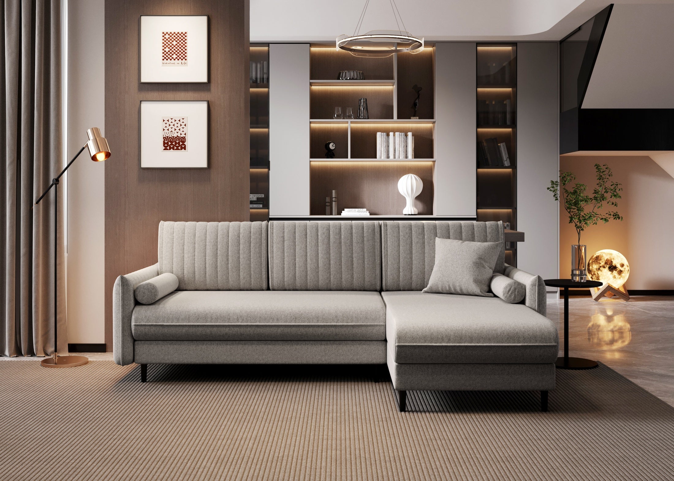 Ecksofa Bolivio L-Form - mit Schlaffunktion und Bettkasten, Bezug aus Veloursstoff.