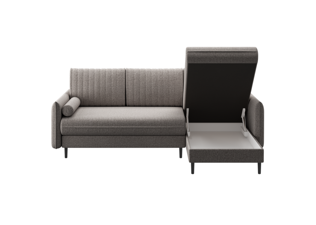 Ecksofa Bolivio L-Form - mit Schlaffunktion und Bettkasten, Bezug aus Veloursstoff.
