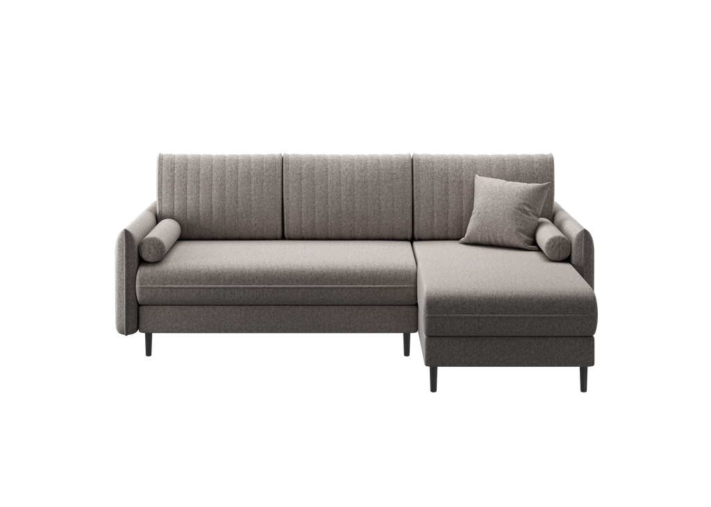 Ecksofa Bolivio L-Form - mit Schlaffunktion und Bettkasten, Bezug aus Veloursstoff.
