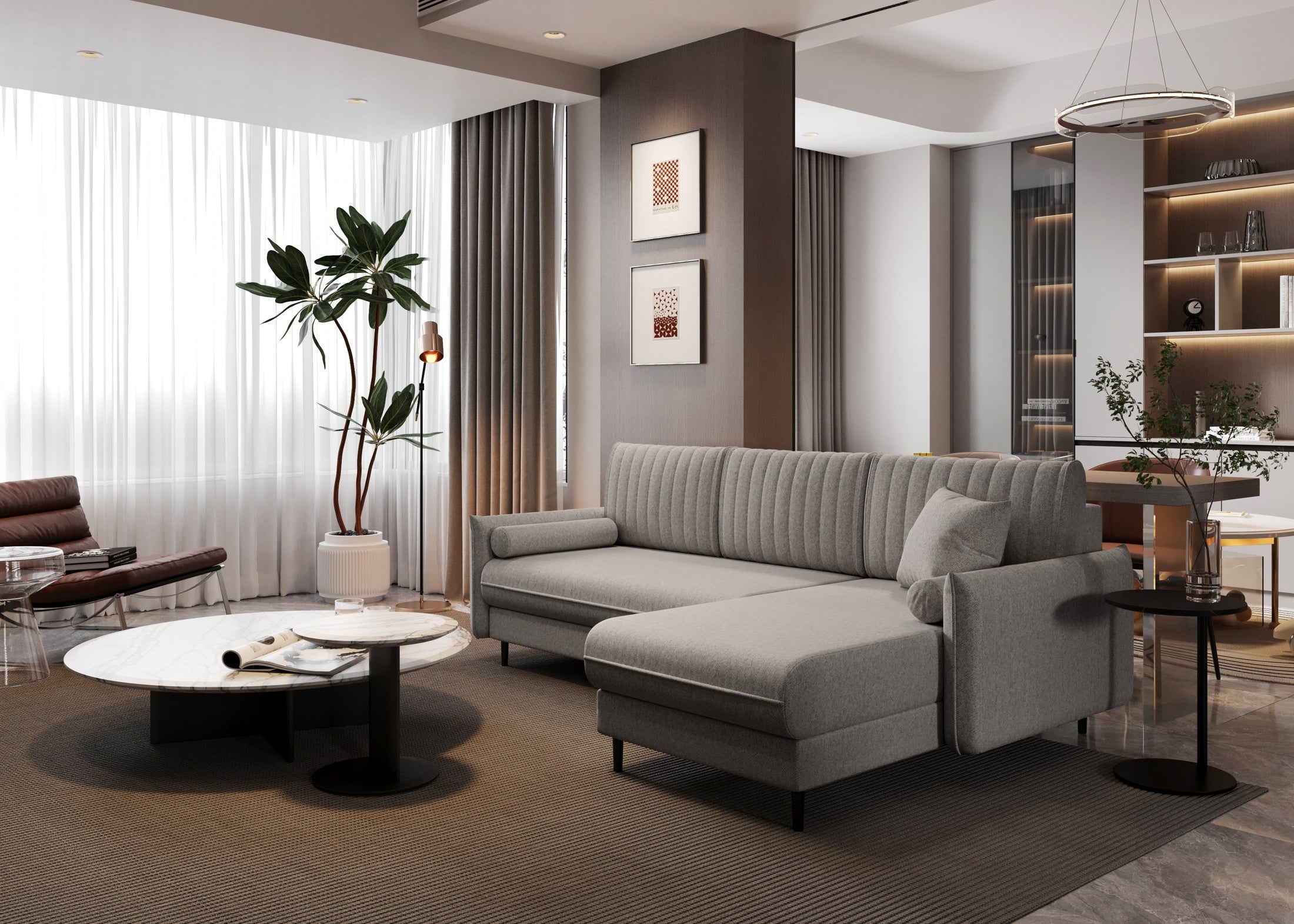 Ecksofa Bolivio L-Form - mit Schlaffunktion und Bettkasten, Bezug aus Veloursstoff.