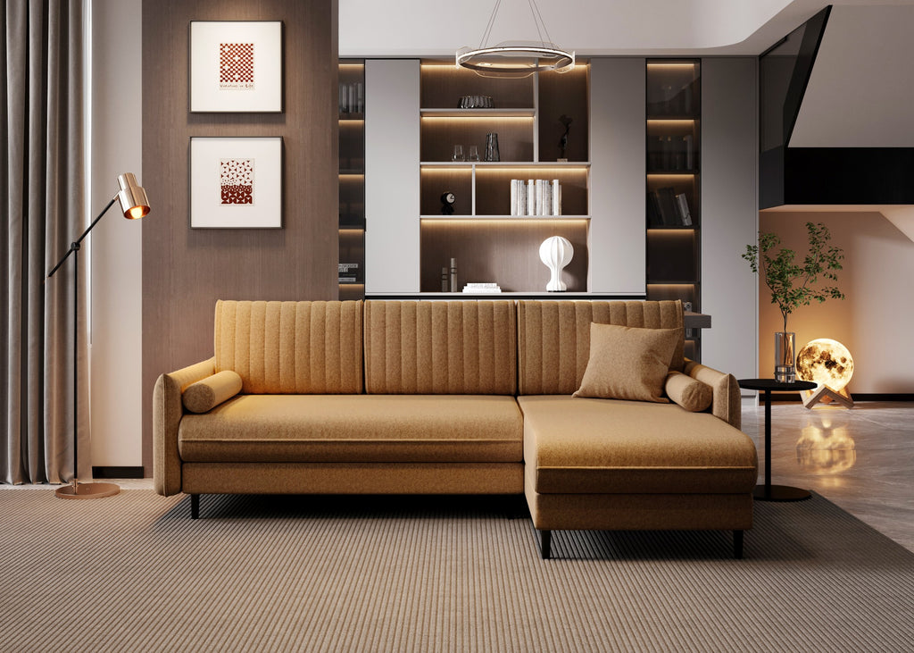 Ecksofa Bolivio L-Form - mit Schlaffunktion und Bettkasten, Bezug aus Veloursstoff.