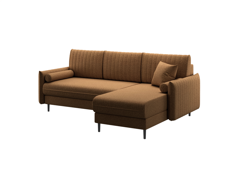 Ecksofa Bolivio L-Form - mit Schlaffunktion und Bettkasten, Bezug aus Veloursstoff.