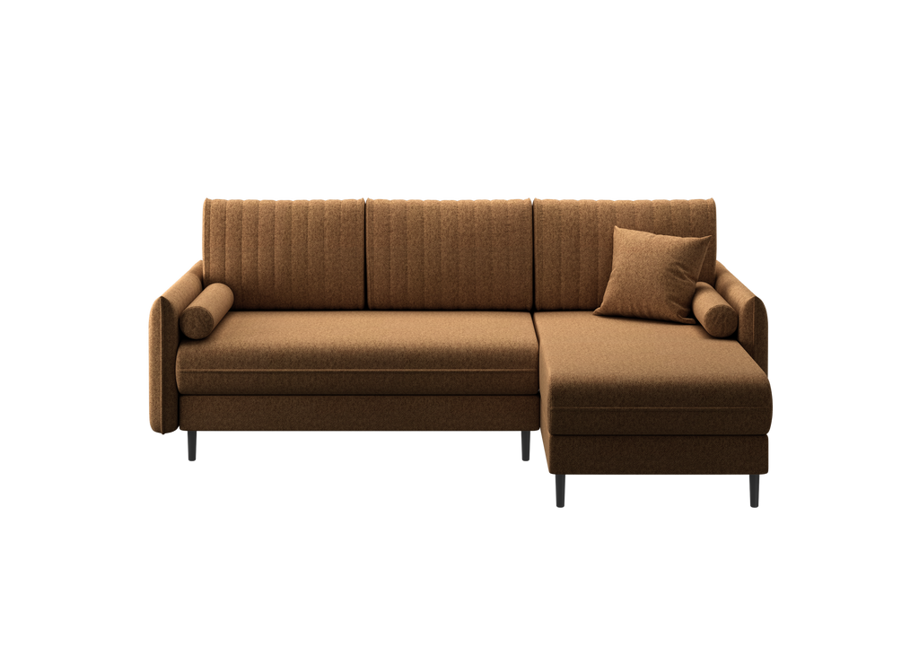 Ecksofa Bolivio L-Form - mit Schlaffunktion und Bettkasten, Bezug aus Veloursstoff.