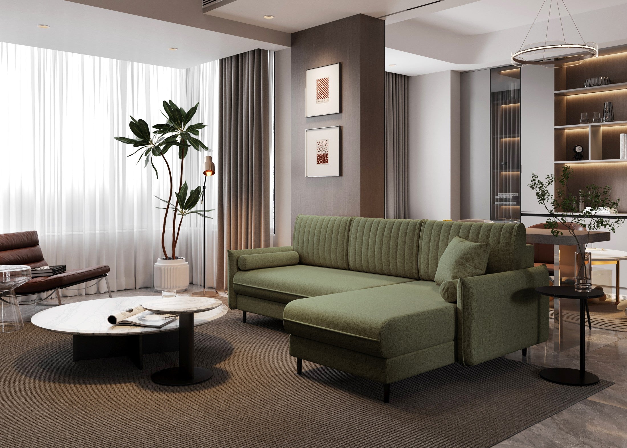 Ecksofa Bolivio L-Form - mit Schlaffunktion und Bettkasten, Bezug aus Veloursstoff.