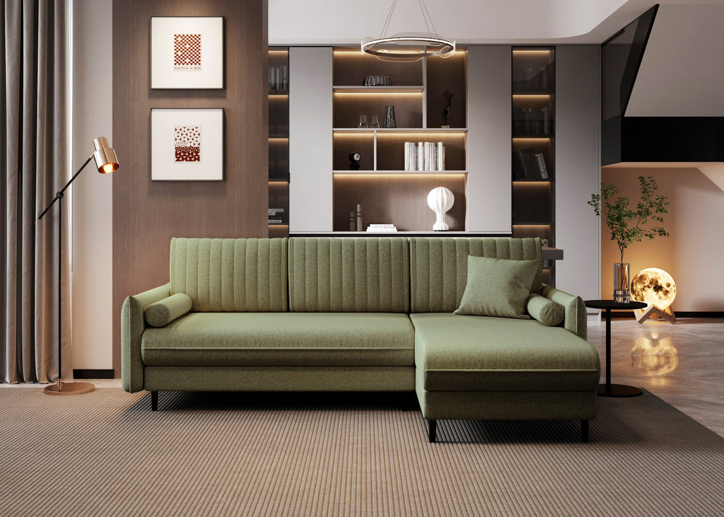 Ecksofa Bolivio L-Form - mit Schlaffunktion und Bettkasten, Bezug aus Veloursstoff.