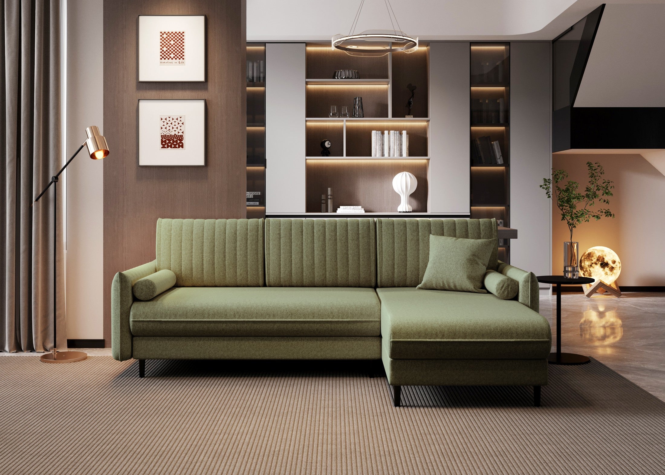 Ecksofa Bolivio L-Form - mit Schlaffunktion und Bettkasten, Bezug aus Veloursstoff.