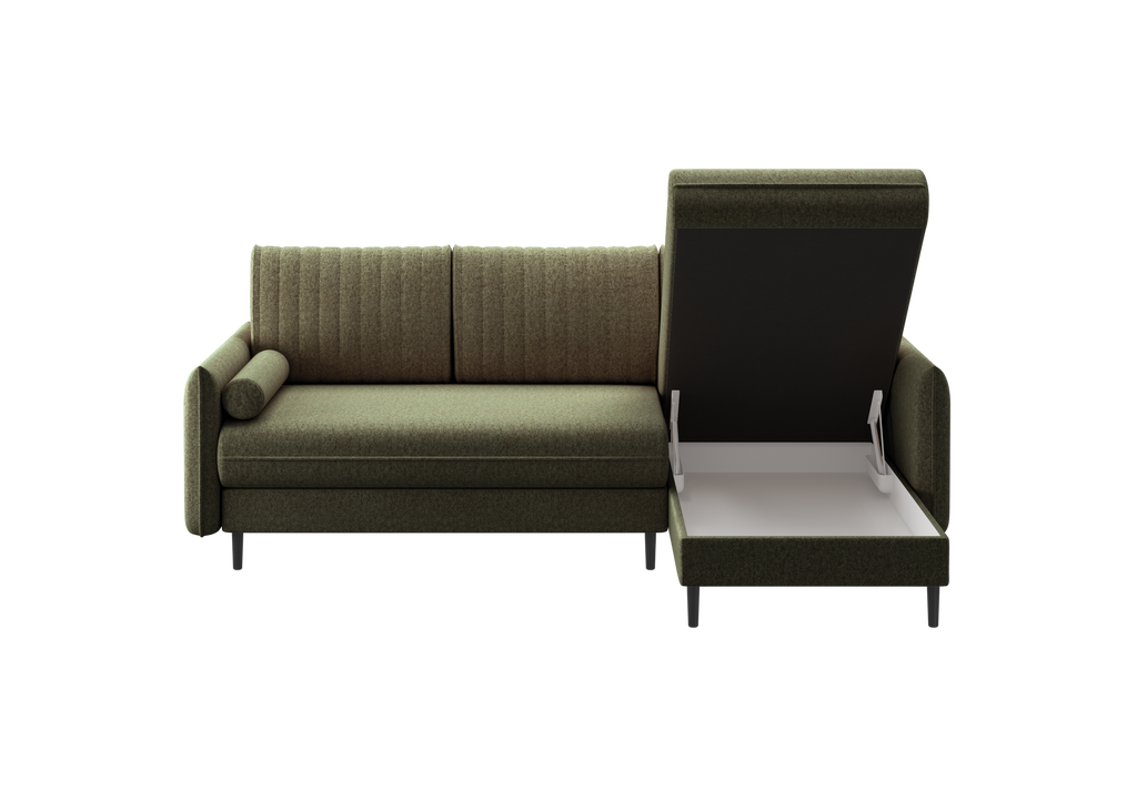 Ecksofa Bolivio L-Form - mit Schlaffunktion und Bettkasten, Bezug aus Veloursstoff.