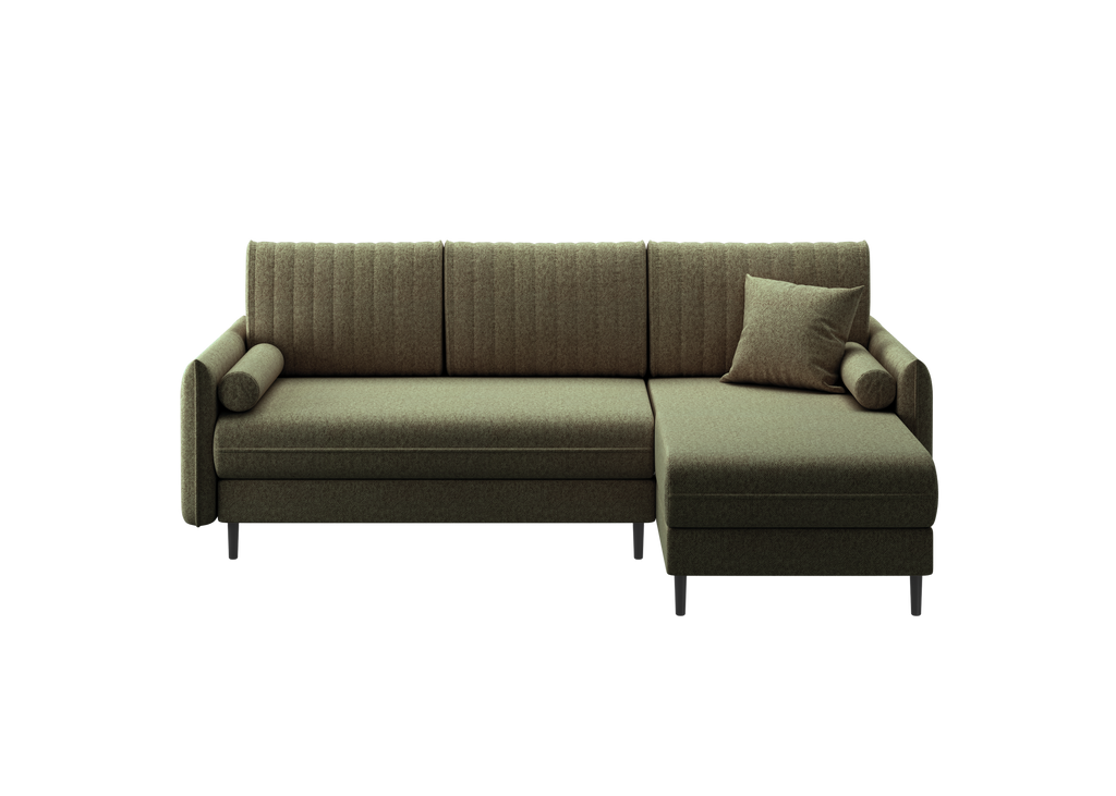 Ecksofa Bolivio L-Form - mit Schlaffunktion und Bettkasten, Bezug aus Veloursstoff.