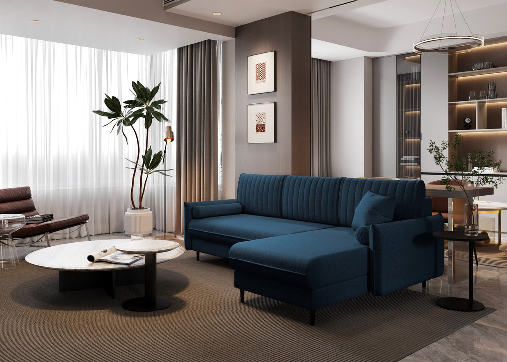 Ecksofa Bolivio L-Form - mit Schlaffunktion und Bettkasten, Bezug aus Veloursstoff.