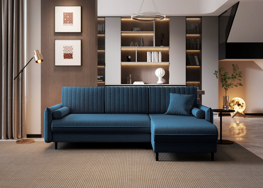 Ecksofa Bolivio L-Form - mit Schlaffunktion und Bettkasten, Bezug aus Veloursstoff.